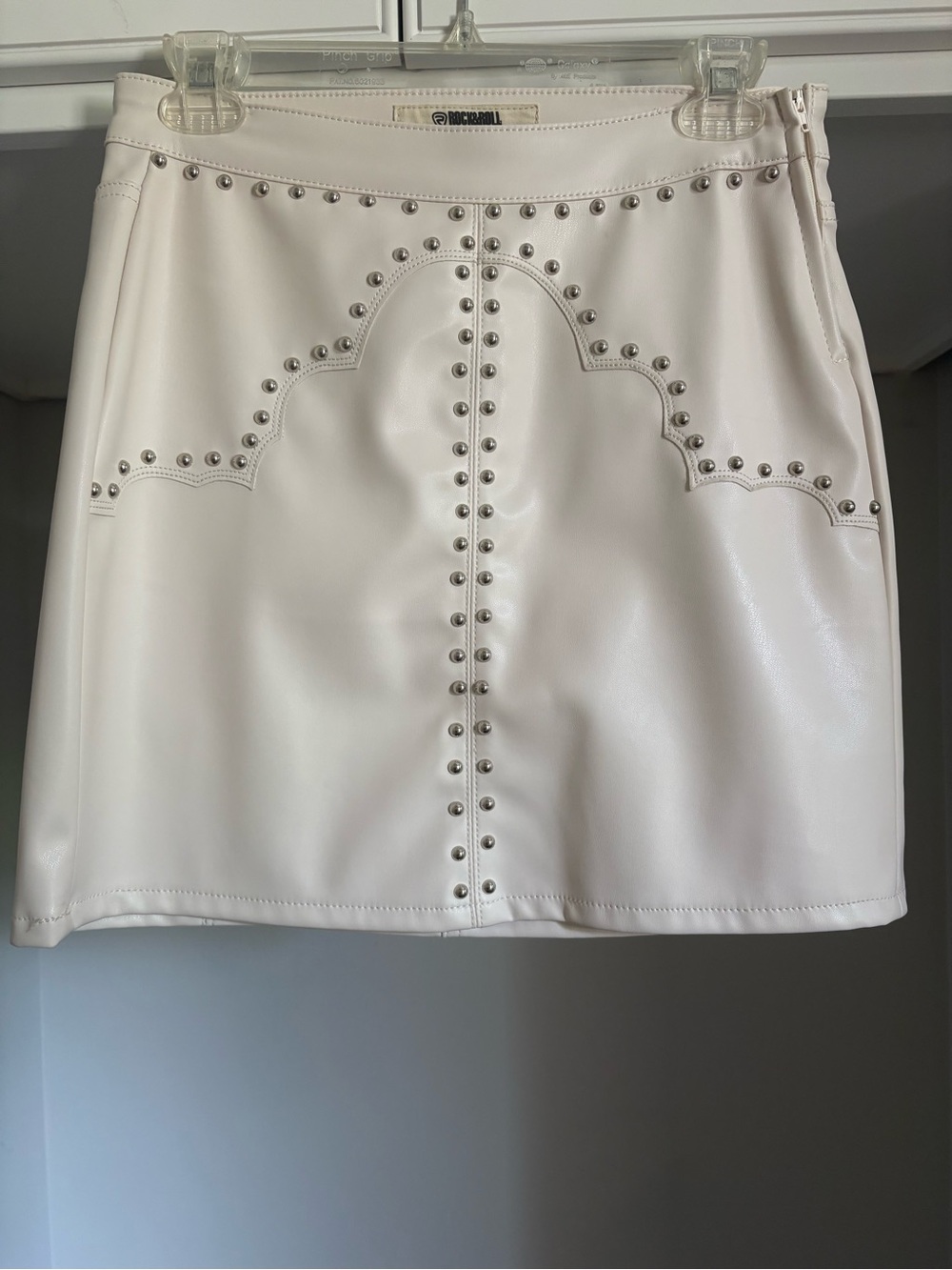 Stud-Embellished Cream Faux Leather Mini Skirt